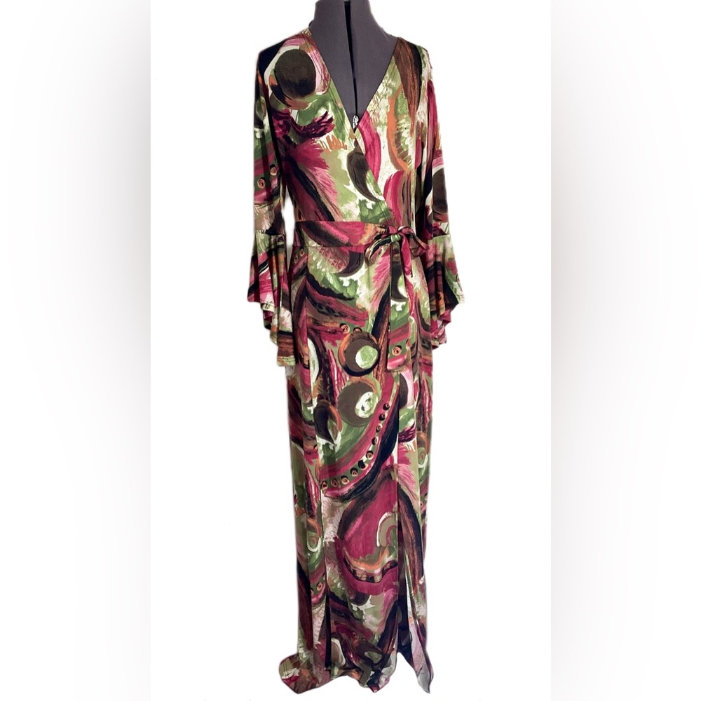 Long Tall Sally LTS Faux Wrap Maxi Dress UK 12 US 8 Abstract Bold Phoebe Buffay - Picture 1 of 15